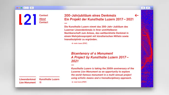 kunsthalle luzern kunst l21 loewendenkmal corporate design blau rot webdesign threejs webgl 3d programming 8
