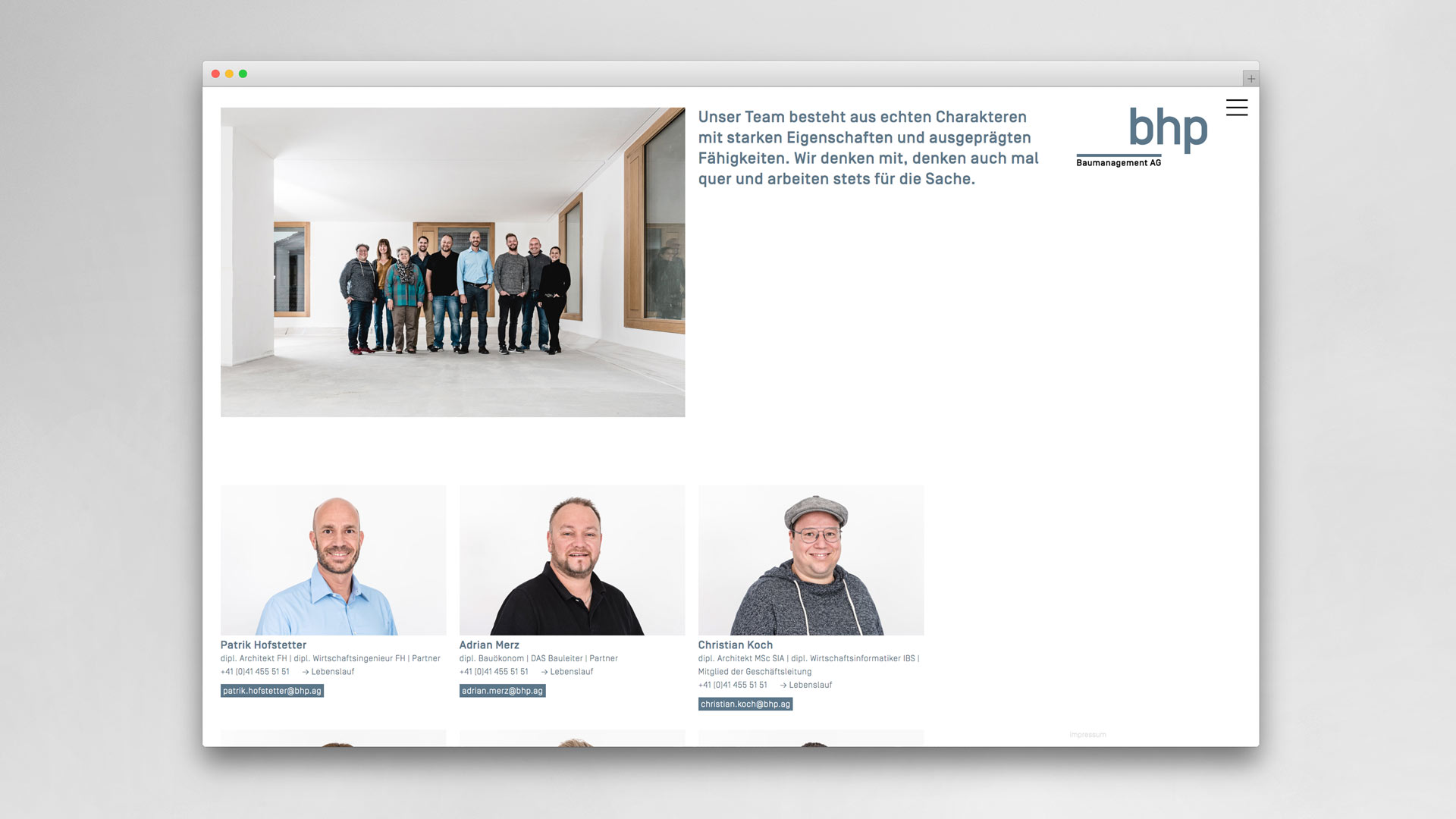 l’équipe [visuelle] – Grafik Agentur Emmenbruecke Luzern – Corporate Design, Webseite, Logo für die bhp Baumanagement AG